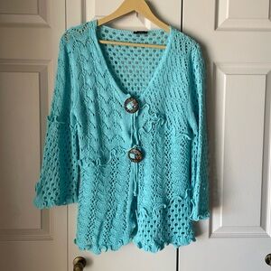 Lisa International | Loose knit cardigan. Turquoise. Size XL. Cottage core